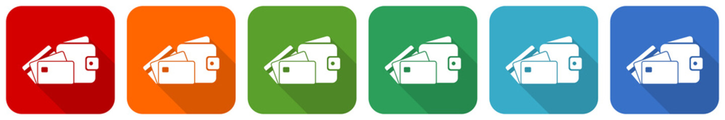 Leinwandbilder - Wallet and credit cards, business icon set, flat design vector illustration in 6 colors options for webdesign and mobile applications