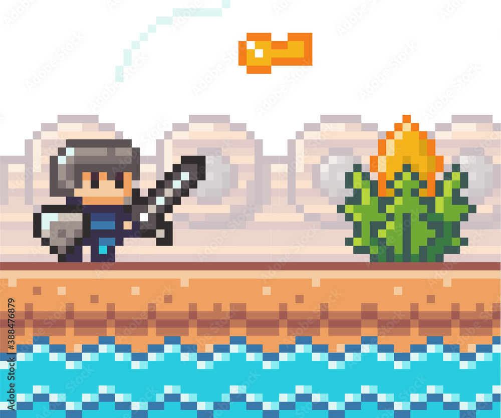 Pixel game interface, element. 80s graphic. Hero or personage of mobile 8 bit game, videogame. Pixalated knight standing near water in front of key. Award or bonus. Adventure game, 2d texture