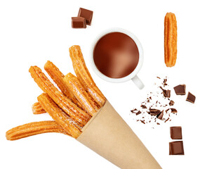 Wall Mural - Creative layout made of Churros fried pastry, cup of dark chocolate and chocolate pieces  isolated on a white background, top view. Flat lay.