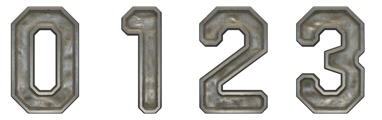 Set of numbers 0, 1, 2, 3 made of industrial metal on white background 3d