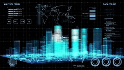 Wall Mural - Smart world technology digital smart city 3D architecture building hologram scan UI monitor screen HUD iot internet of thing artificial intelligence, security energy power tech futuristic background
