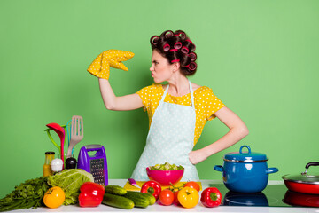 Sticker - Portrait of her she nice attractive mature glamorous funky crazy housewife cooking domestic meal talking with glove hand fooling grimacing isolated over green pastel color background