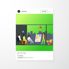 Poster - Coach speaking before audience. Mentor presenting charts and reports, Employees meeting at business training, seminar or conference. Vector illustration for presentation, lecture, education concept