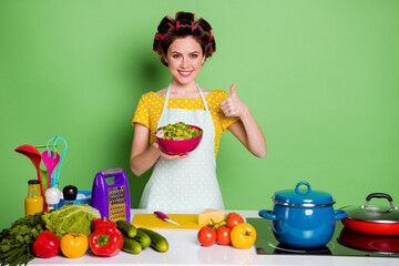 Sticker - Photo model girl housewife cook supper kitchen table tomato cucumber prepare bowl eco salad show thumbup symbol wear hair rollers trendy yellow dotted dress isolated green color background