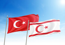 Turkey And North Cyprus Friendship Flag Waving On The Sk