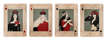 Illustration Isolated On White Background Of Aged Retro Style Poker Cards. Blank Space.