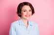© deagreez - Closeup photo of attractive amazing pretty nice business lady good mood smiling white teeth charming cute appearance wear blue office shirt isolated pink pastel color background