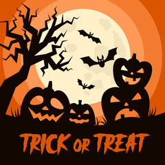 Wall Mural - Happy Halloween background with Halloween elements, moon, pumpkins, bats and place for text. Halloween party poster. Vector