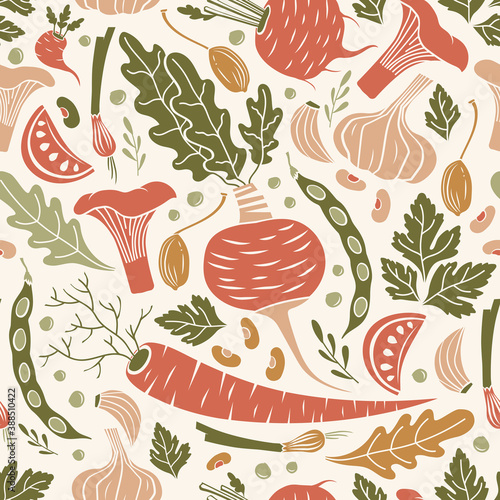 Photo Seamless pattern with vegetables and mushrooms