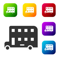 Poster - Black Double decker bus icon isolated on white background. London classic passenger bus. Public transportation symbol. Set icons in color square buttons. Vector.