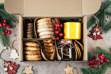 Christmas Cookie Gift Box. Assorted Shortbread Cookies With Holiday Decoration. Care Package Concept.