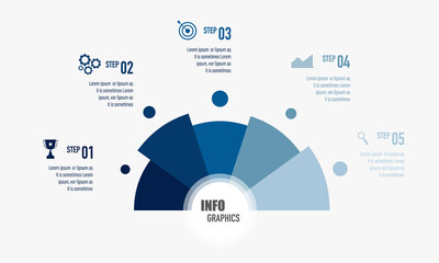 Modern blue infographics design in half circle, pie chart with 5 options, business icons and text box, presentation and web template