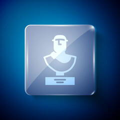 Poster - White Ancient bust sculpture icon isolated on blue background. Square glass panels. Vector.