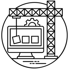 
A hanged block from a computer screen via tower crane representing website under construction 
