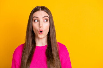 Poster - Photo of lovely lady surprised open mouth look empty space wear pink pullover isolated yellow color background