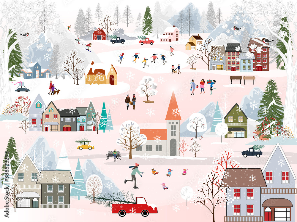 Winter landscape at night with people having fun doing outdoor ...