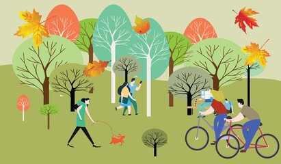 Fall season park zone with people. Large public garden in autumn, land area with yellow grass and trees for fun and recreation, happy citizens enjoy open air activities and walk. Vector illustration