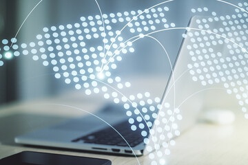 Wall Mural - abstract creative world map with connections on modern laptop background, international trading conc