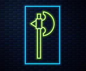 Glowing neon line Medieval axe icon isolated on brick wall background. Battle axe, executioner axe. Medieval weapon. Vector.