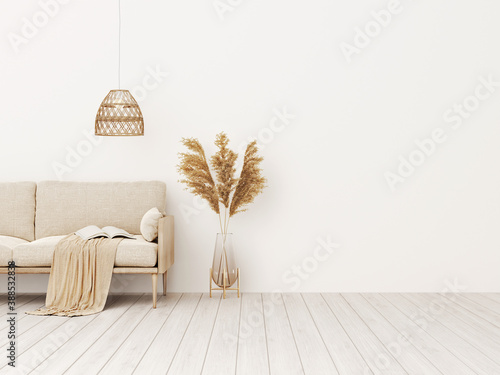 Fotografía Living room interior wall mockup in warm tones with beige linen sofa, dried Pampas grass, woven basket lamp and boho style decoration on empty wall background