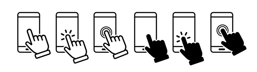 Hand touch screen smartphone icon. Click on the smartphone. Vector icon