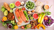 © M.studio - health food selection- fruit, vegetable, fish and cereals