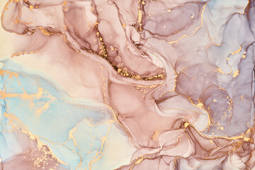 Natural  luxury abstract fluid art painting in alcohol ink technique. Tender and dreamy  wallpaper. Mixture of colors creating transparent waves and golden swirls. For posters, other printed materials