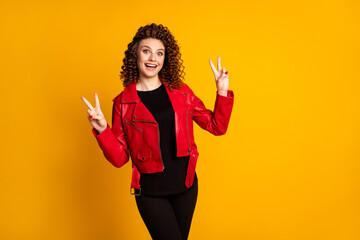 Sticker - Portrait of her she nice attractive cheerful cheery wavy-haired girl showing double v-sign isolated on bright vivid yellow color background