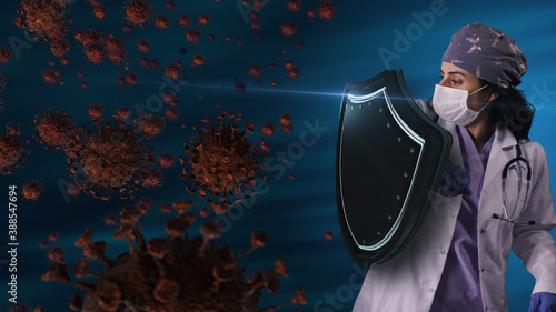 Fotografía female nurse fighting coronavirus with her protective shield, covid-19 epidemic