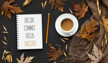 Sticker - Notepad With Words Decide, Commit And Succeed, Black Autumn Background