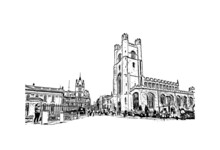 Building View With Landmark Of Cambridge Is A City On The River Cam In Eastern England. Hand Drawn Sketch Illustration In Vector.