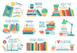 © WinWin - Reading books. Stack of library books with hand drawn lettering, open or closed textbooks, reading vector illustration icons set. library literature, stacks book school, knowledge and education