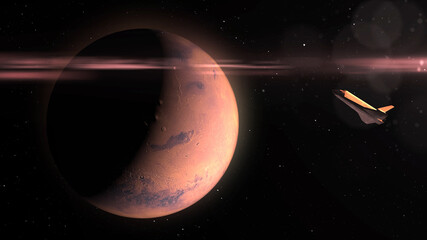 Wall Mural - 3d rendering, space shuttle orbiting planet mars