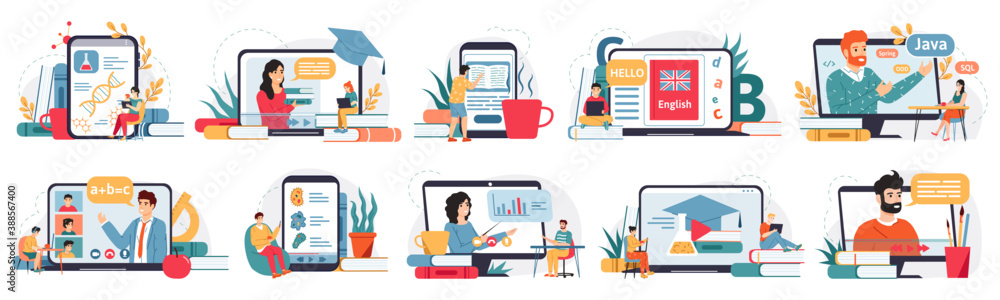 Online education. Internet classes, webinar or digital classroom, homeschooling on laptop screen. E-learning concept vector illustration set. Students having different subjects at home - obrazy, fototapety, plakaty 
