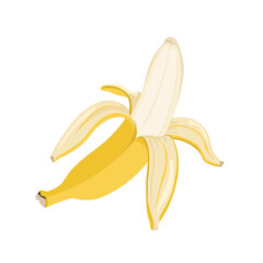 Sticker - Half peeled banana isolated on white background. Vector illustration, fruit icon. Cartoon flat style.