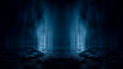 Dark street, wet asphalt, reflections of rays in the water. Abstract dark blue background, smoke, smog. Empty dark scene, neon light, spotlights. Concrete floor