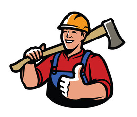 Lumberjack with axe. Lumber, construction, building vector illustration