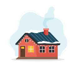 Wall Mural - Cute winter house decorated with lights. illustration in flat style