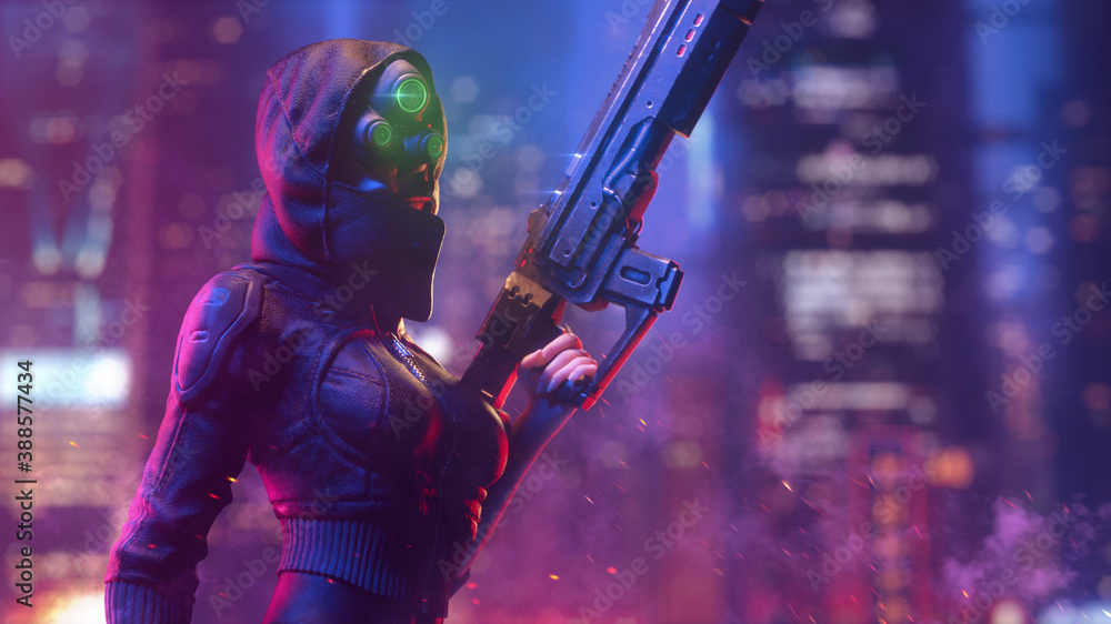 Futuristic woman in hooded leather jacket wears night vision helmet holds assault rifle in one hand on night light bokeh in city. 3d illustration of a dangerous cyberpunk girl in tight black clothes. - obrazy, fototapety, plakaty 