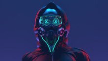 Fashion Cyberpunk Girl In Leather Black Hoodie Jacket Wears Gas Mask With Protective Glasses And Filters, Glowing Green Wires. Colorful 3d Illustration Of Sci-fi Human Skull With A Cross In The Eyes.