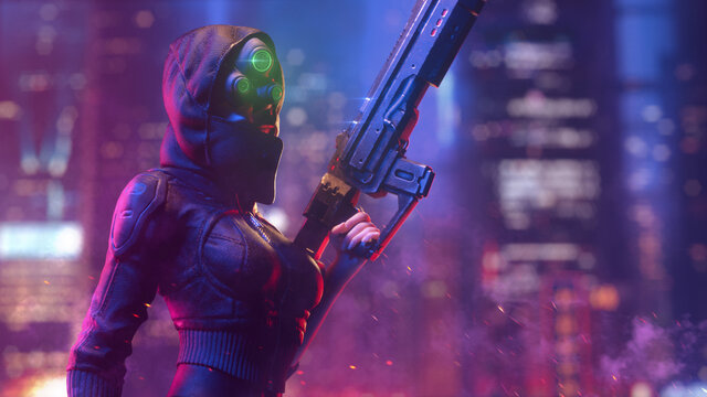 Futuristic woman in hooded leather jacket wears night vision helmet holds assault rifle in one hand on night light bokeh in city. 3d illustration of a dangerous cyberpunk girl in tight black clothes.