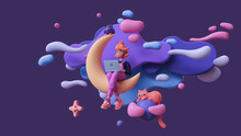 Red-haired Happy Writer Girl In Glasses, Pink Pants Works On A Laptop And Sits On The Moon Late At Night In Space With Floating Blue Purple Clouds, Stars, A Cat, An Owl. 3d Render In Minimal Art Style