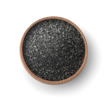 Top View Of Black Salt In Wooden Bowl
