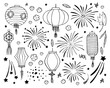 © Alexandra - Set of different Chinese paper lanterns and fireworks. Hand drawn black and white vector sketch illustration on white background