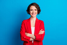 Portrait Of Attractive Content Cheerful Brown-haired Lady Folded Arms Isolated Over Bright Blue Color Background