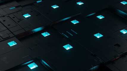 Wall Mural - 3d render of digital surface. tech background. glow segments. details.