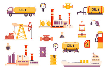 Aufkleber - Oil industry bundle of flat scenes. Fuel production isolated set. Drilling rig, factory, oil tanker ship, fuel truck, tank car, pumpjack, gas station, barrel elements. Cartoon vector illustration.