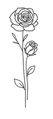 Aufkleber - One line drawing. Garden rose with long stem and leaves. Hand drawn sketch. Vector illustration.