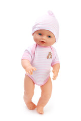 Wall Mural - Toy baby doll in pink clothes and hat on white.