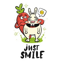 Vector Doodle Illustration Just Smile With Bunny And Carrot. Funny Positive Lettering Is Suitable For Prints For Clothes And Stationery